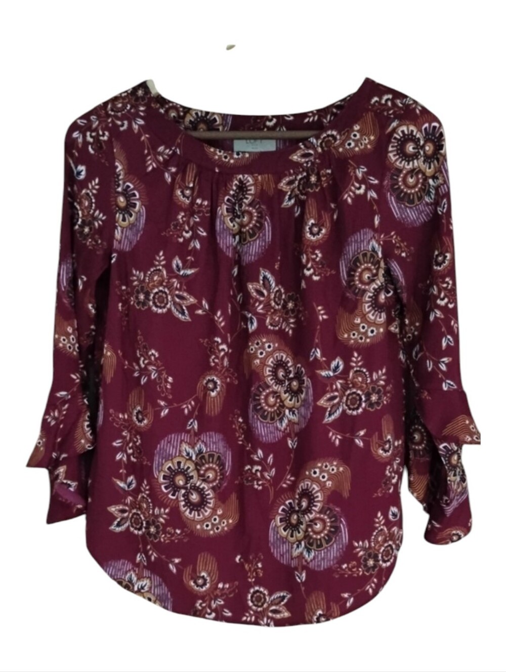 LOFT Burgundy Ruffled Satin feel Relaxed Blouse SZ XSP